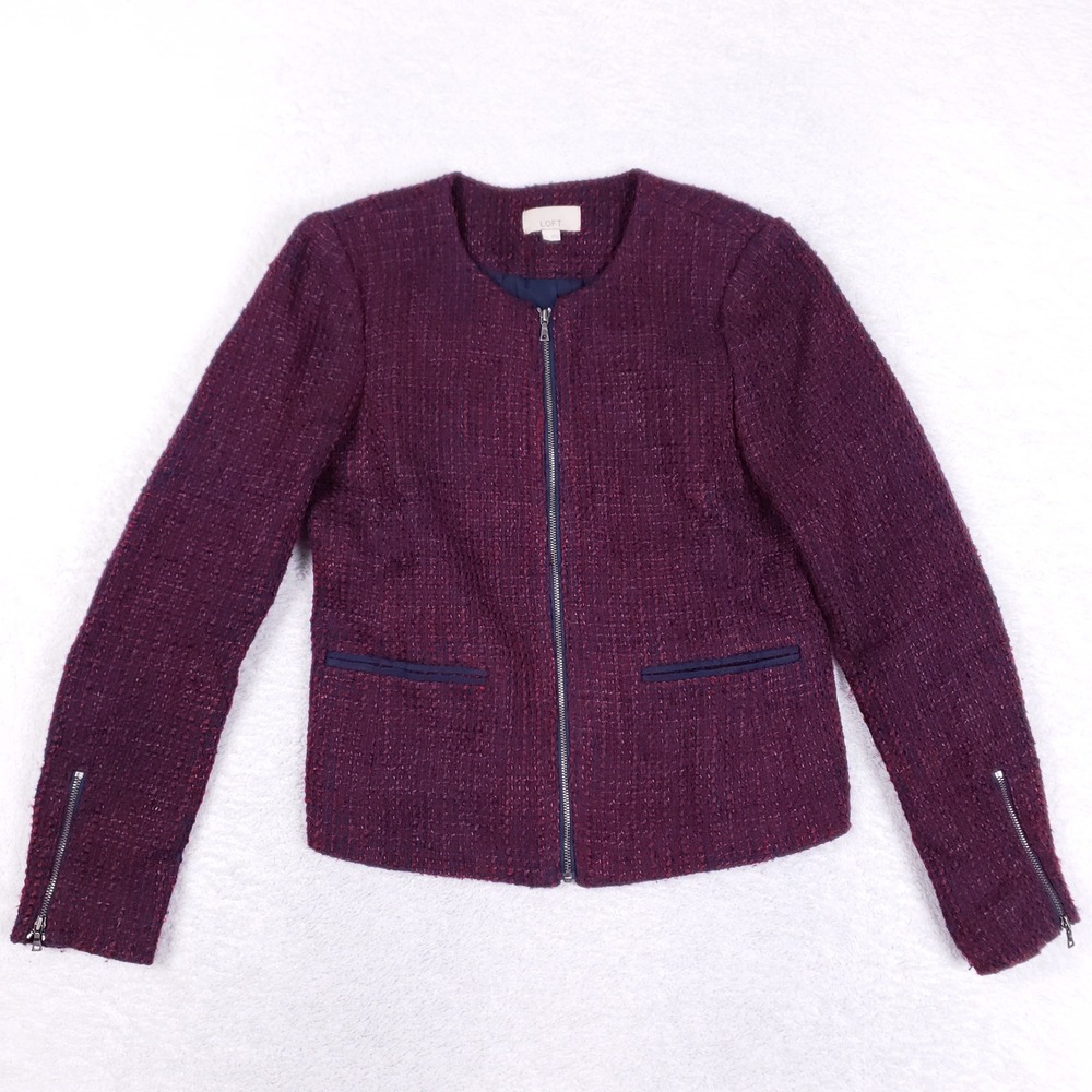 LOFT Tweed Jacket Women 0 Collarless Wool Blend Full Zip Blazer Burgundy Classic